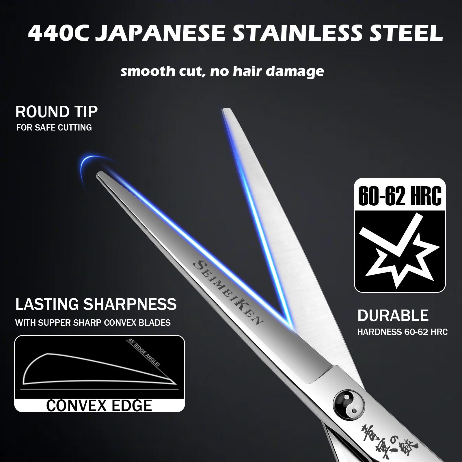 Hair Cutting Scissors Professional - 6” Japanese 440C Stainless Steel Hair Cutting Shears - Haircut Scissors Convex Blade for Ultra-Sharp Smooth Cuts for Hairdressing, Barbers, Salon Home Stylists