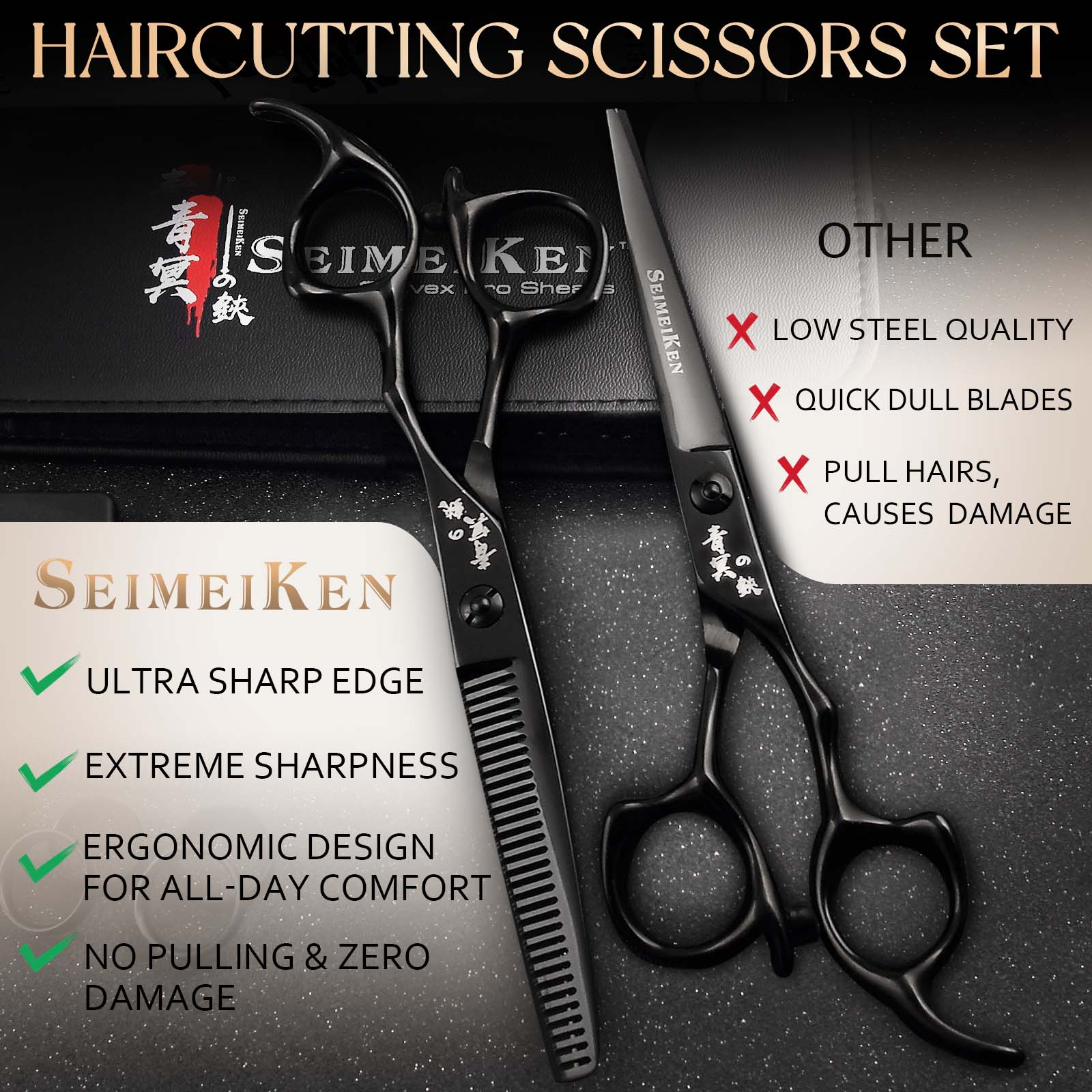 Hair Cutting Scissors Thinning Shears - 6.0 Inch Professional Hair Cutting Shears - Japanese 440C Stainless Steel Haircut Scissors - Convex Blade for Ultra-Sharp Smooth Cuts for Salon & Home Use